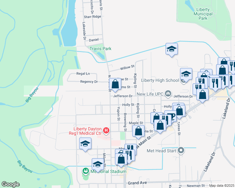 map of restaurants, bars, coffee shops, grocery stores, and more near 1813 Jefferson Drive in Liberty