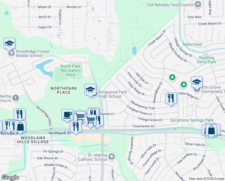map of restaurants, bars, coffee shops, grocery stores, and more near 4202 Saile Court in Humble