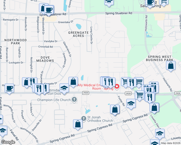 map of restaurants, bars, coffee shops, grocery stores, and more near 2828 Farm to Market 2920 in Spring