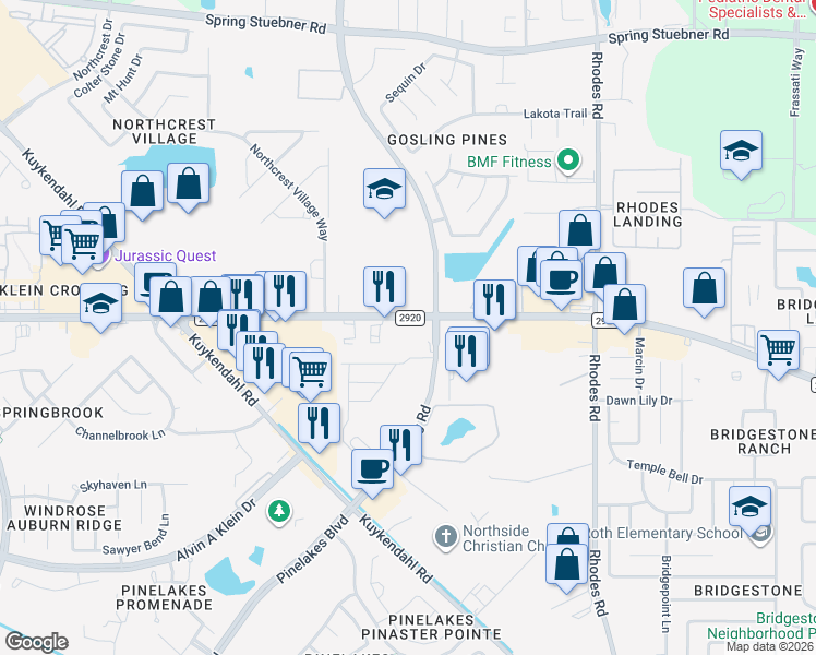 map of restaurants, bars, coffee shops, grocery stores, and more near 5425 Farm to Market 2920 in Spring