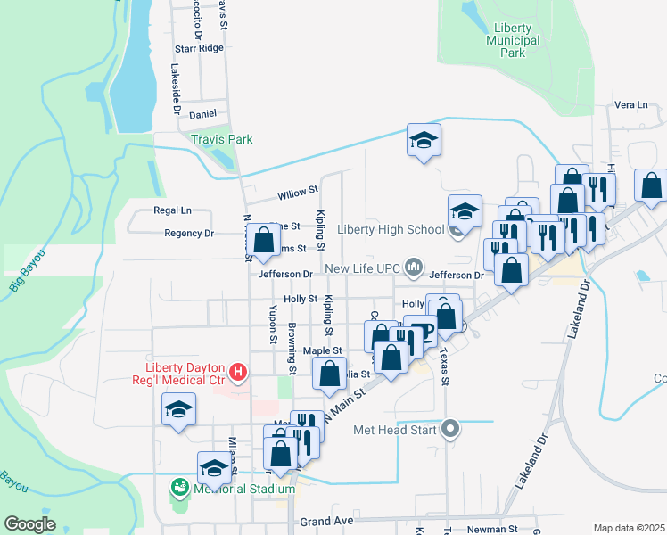 map of restaurants, bars, coffee shops, grocery stores, and more near 2207 Jefferson Drive in Liberty