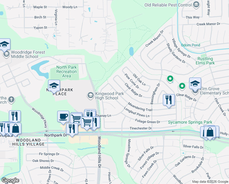 map of restaurants, bars, coffee shops, grocery stores, and more near 2303 Longleaf Pines Lane in Houston