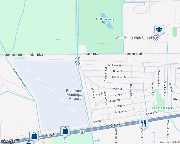 map of restaurants, bars, coffee shops, grocery stores, and more near 9770 Shepherd Drive in Beaumont