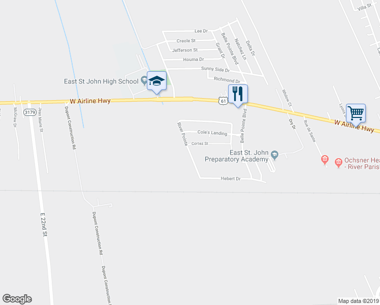 map of restaurants, bars, coffee shops, grocery stores, and more near 186 River Pointe in LaPlace