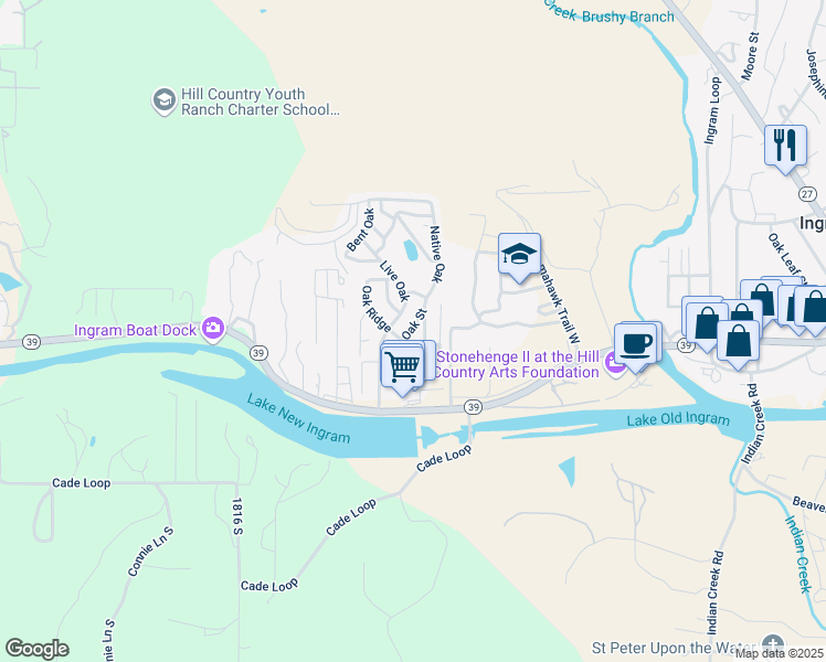 map of restaurants, bars, coffee shops, grocery stores, and more near 202 Native Oak Street in Ingram