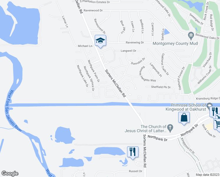 map of restaurants, bars, coffee shops, grocery stores, and more near 25806 Northpark Pine Drive in Porter