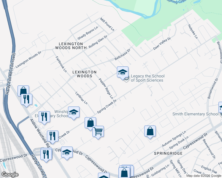 map of restaurants, bars, coffee shops, grocery stores, and more near 25138 Pepper Ridge Lane in Spring