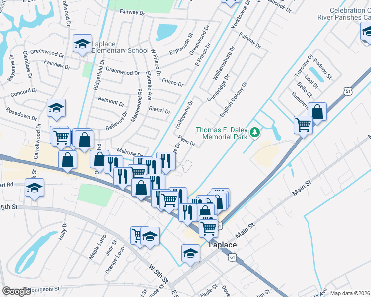 map of restaurants, bars, coffee shops, grocery stores, and more near 638 Colony Park Drive in LaPlace