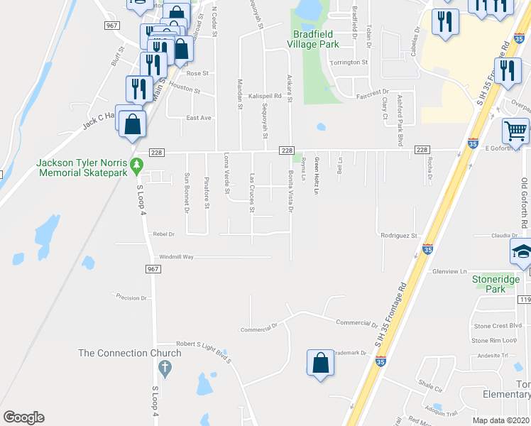 map of restaurants, bars, coffee shops, grocery stores, and more near 410 Village Lane in Buda
