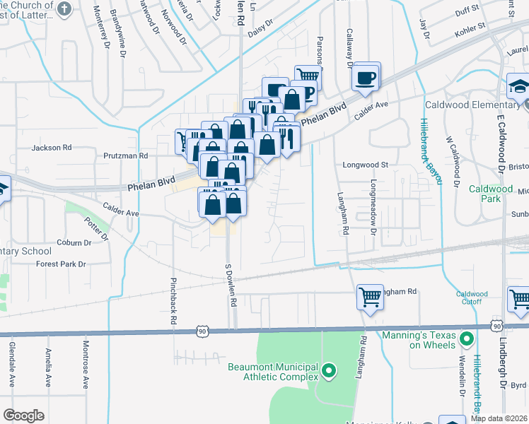 map of restaurants, bars, coffee shops, grocery stores, and more near 320 Junker Road in Beaumont