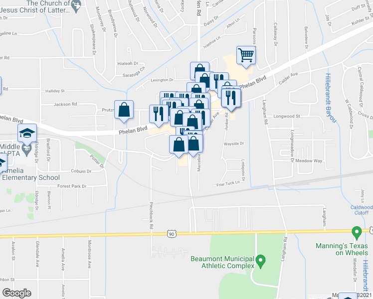 map of restaurants, bars, coffee shops, grocery stores, and more near 6927 Calder Avenue in Beaumont