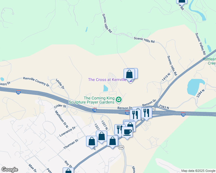 map of restaurants, bars, coffee shops, grocery stores, and more near 1501 N in Kerrville