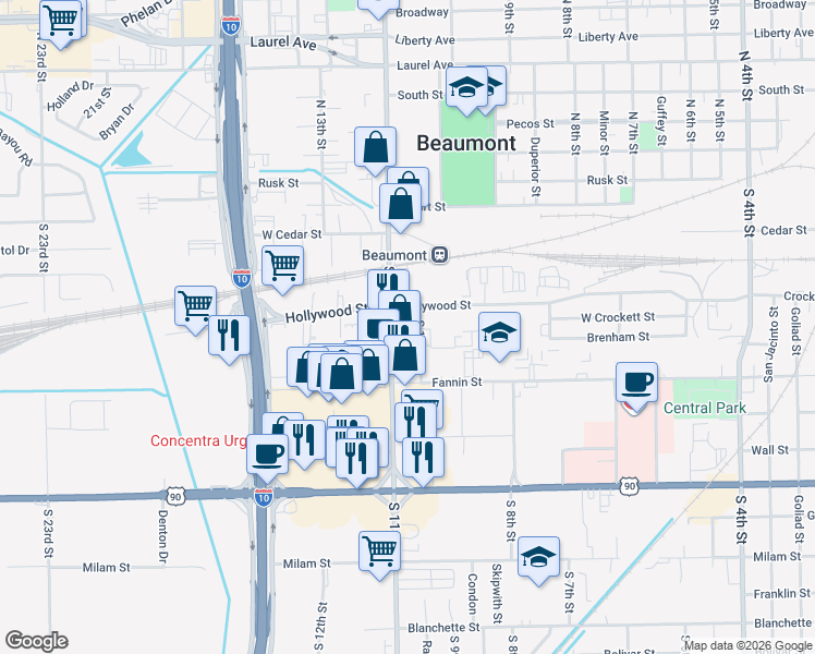 map of restaurants, bars, coffee shops, grocery stores, and more near 545 South 11th Street in Beaumont