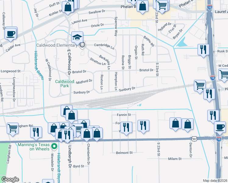 map of restaurants, bars, coffee shops, grocery stores, and more near 4600 Sunbury Drive in Beaumont