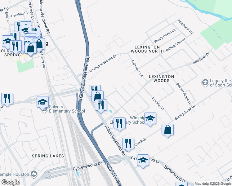 map of restaurants, bars, coffee shops, grocery stores, and more near 2018 Whispering Springs Drive in Spring