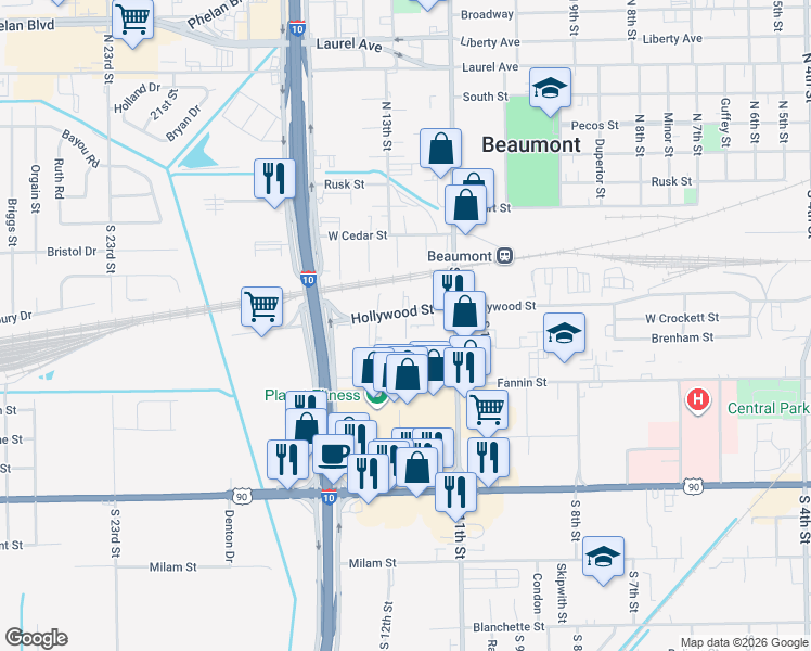 map of restaurants, bars, coffee shops, grocery stores, and more near 400 South 12th Street in Beaumont