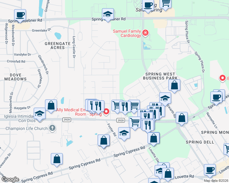 map of restaurants, bars, coffee shops, grocery stores, and more near 21426 Harvest Grove Court in Spring
