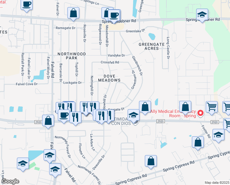 map of restaurants, bars, coffee shops, grocery stores, and more near 21402 Golden Dove Drive in Spring