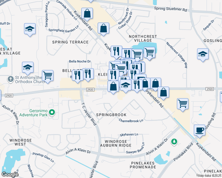 map of restaurants, bars, coffee shops, grocery stores, and more near 6199 Farm to Market 2920 in Spring