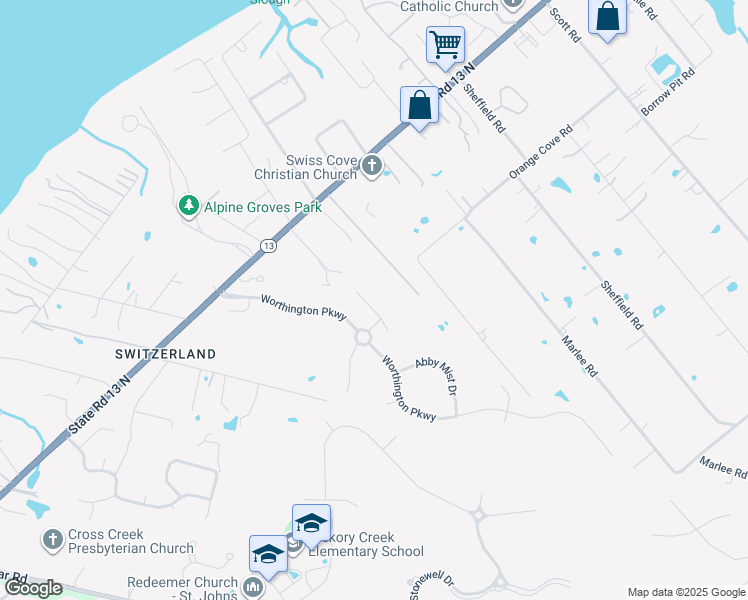 map of restaurants, bars, coffee shops, grocery stores, and more near 158 Worthington Parkway in Fruit Cove