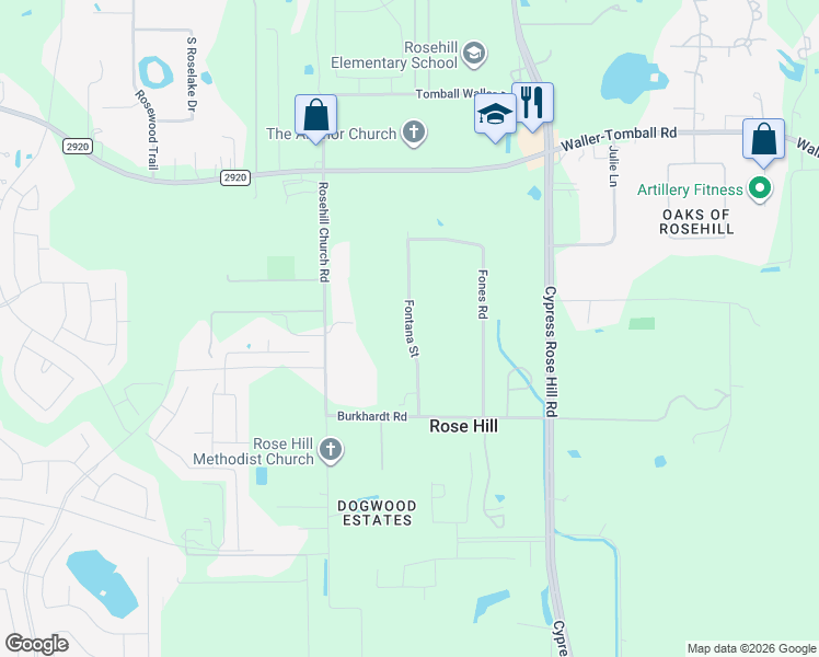 map of restaurants, bars, coffee shops, grocery stores, and more near 21327 Fontana Street in Tomball