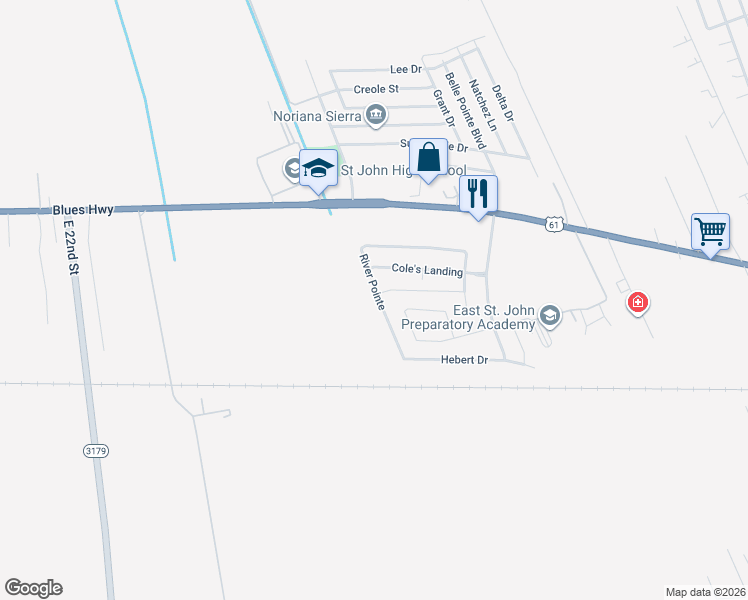 map of restaurants, bars, coffee shops, grocery stores, and more near 186 River Pointe in LaPlace