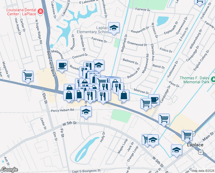 map of restaurants, bars, coffee shops, grocery stores, and more near 1420 West Airline Highway in LaPlace