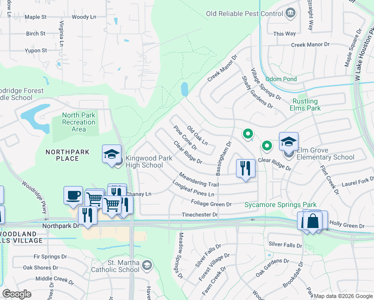 map of restaurants, bars, coffee shops, grocery stores, and more near 2415 Clear Ridge Drive in Humble