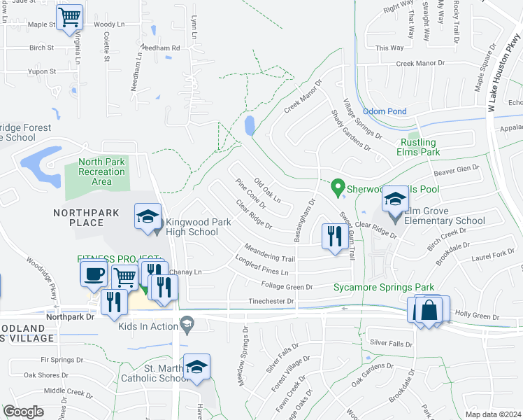 map of restaurants, bars, coffee shops, grocery stores, and more near 2422 Pine Cone Drive in Houston