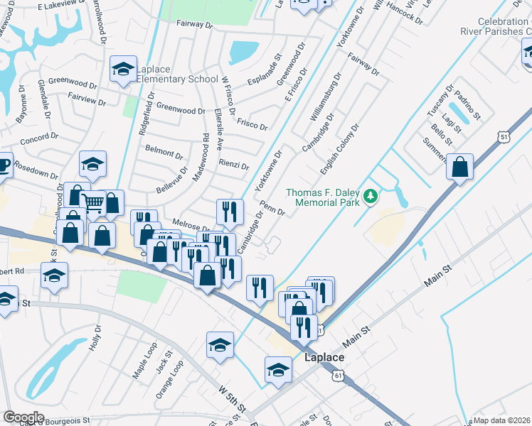 map of restaurants, bars, coffee shops, grocery stores, and more near 638 Colony Park Drive in LaPlace