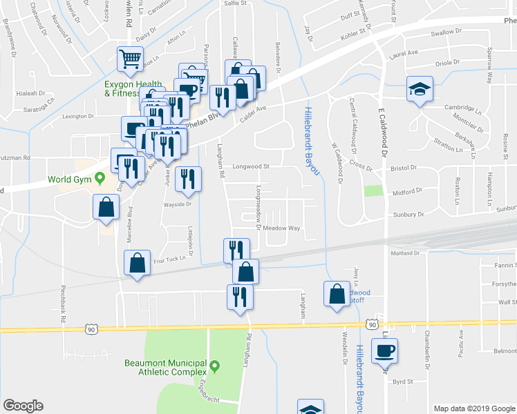 map of restaurants, bars, coffee shops, grocery stores, and more near 517 Longmeadow Drive in Beaumont