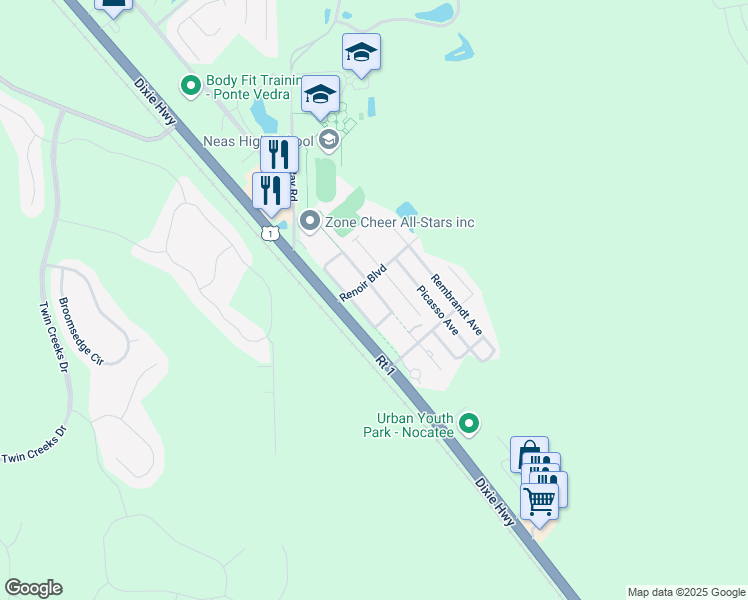 map of restaurants, bars, coffee shops, grocery stores, and more near 251 Cezanne Circle in Ponte Vedra Beach