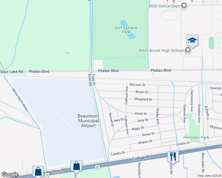 map of restaurants, bars, coffee shops, grocery stores, and more near 9770 Shepherd Drive in Beaumont