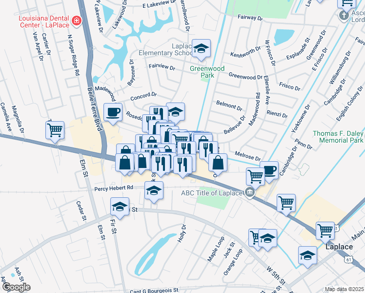 map of restaurants, bars, coffee shops, grocery stores, and more near 908 Linda Lane in LaPlace