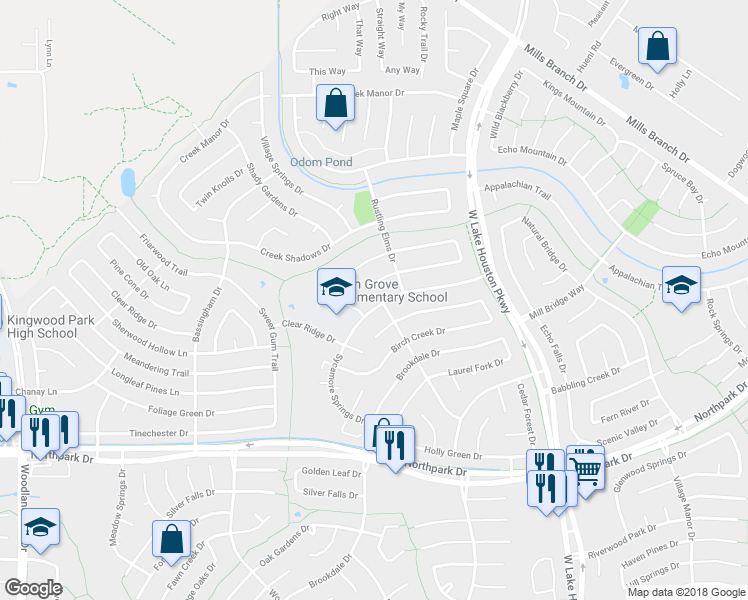 map of restaurants, bars, coffee shops, grocery stores, and more near 3043 Sycamore Springs Drive in Humble