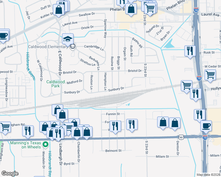 map of restaurants, bars, coffee shops, grocery stores, and more near 4615 Sunbury Drive in Beaumont