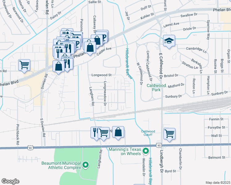 map of restaurants, bars, coffee shops, grocery stores, and more near 422 Georgetown Street in Beaumont