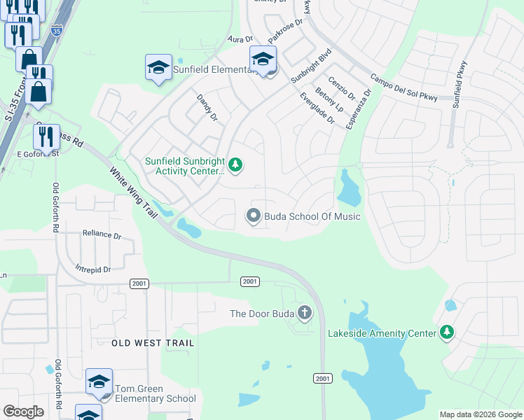 map of restaurants, bars, coffee shops, grocery stores, and more near 333 Lacy Oak Drive in Buda