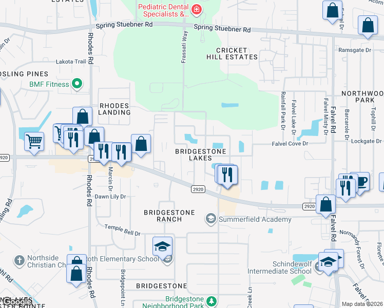 map of restaurants, bars, coffee shops, grocery stores, and more near 4514 Bridgestone Point Drive in Spring