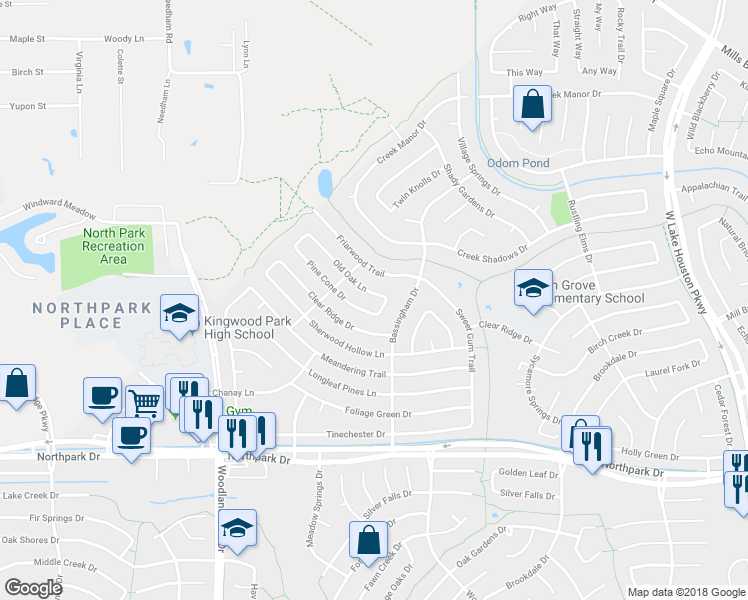 map of restaurants, bars, coffee shops, grocery stores, and more near 2610 Old Oak Lane in Humble