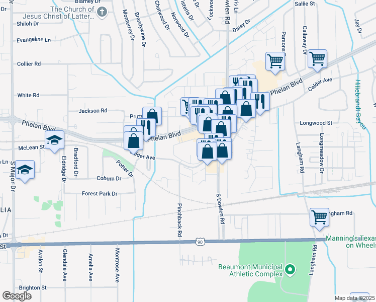 map of restaurants, bars, coffee shops, grocery stores, and more near 6755 Phelan Blvd in Beaumont