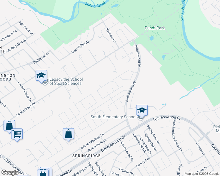 map of restaurants, bars, coffee shops, grocery stores, and more near 3434 Spring Creek Drive in Spring