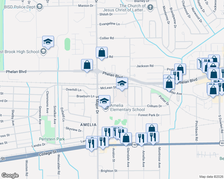 map of restaurants, bars, coffee shops, grocery stores, and more near 8390 McLean Street in Beaumont