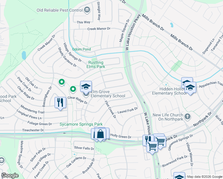 map of restaurants, bars, coffee shops, grocery stores, and more near 3214 Sycamore Springs Drive in Humble