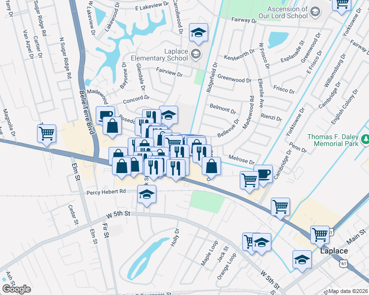 map of restaurants, bars, coffee shops, grocery stores, and more near 2 Dominican Road in LaPlace
