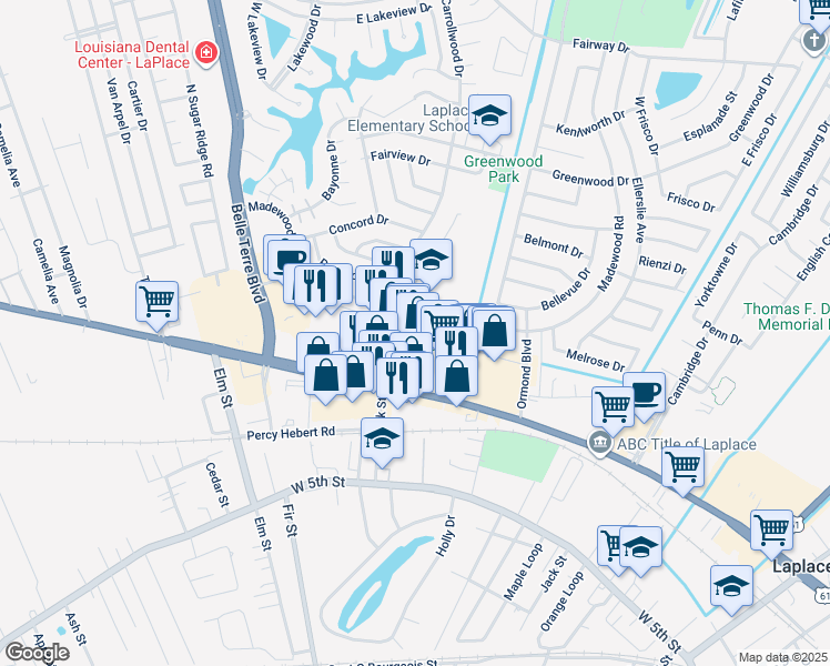 map of restaurants, bars, coffee shops, grocery stores, and more near 900 Aspen Court in LaPlace