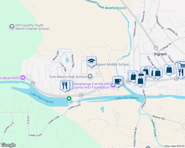 map of restaurants, bars, coffee shops, grocery stores, and more near 510 Texas 39 in Ingram