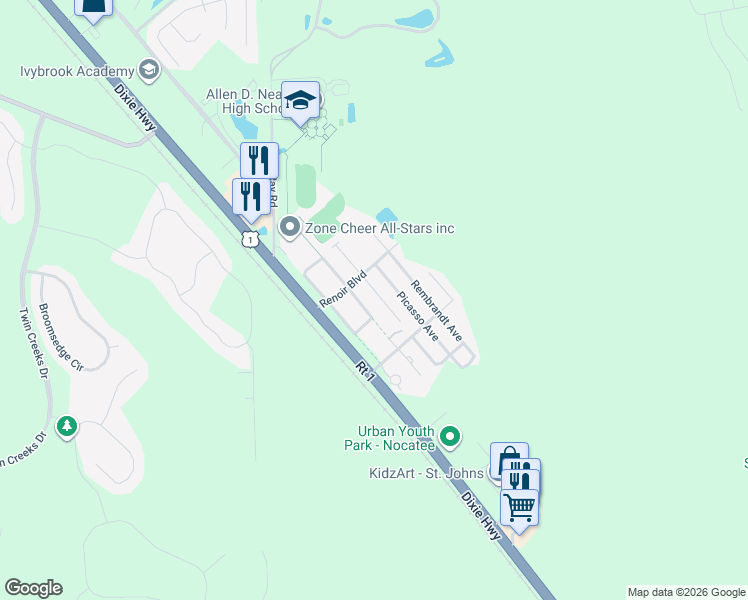 map of restaurants, bars, coffee shops, grocery stores, and more near 421 Monet Avenue in Ponte Vedra Beach