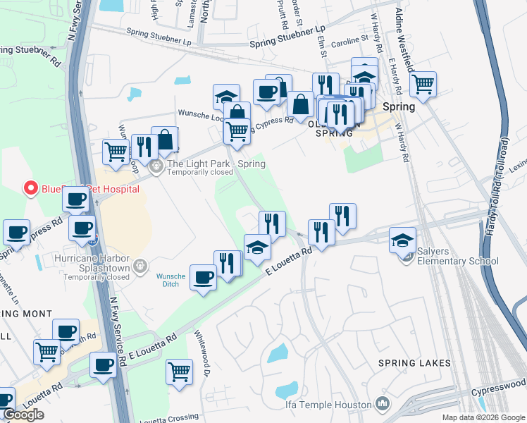 map of restaurants, bars, coffee shops, grocery stores, and more near Lexington Boulevard in Spring