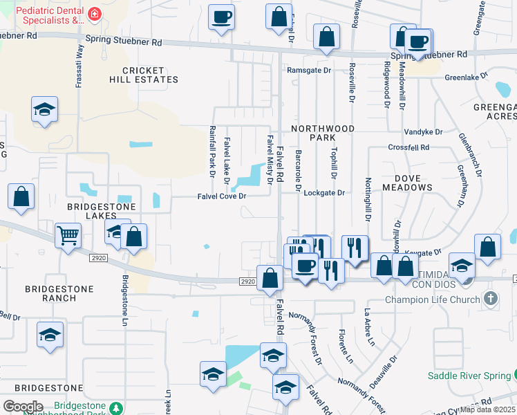 map of restaurants, bars, coffee shops, grocery stores, and more near 21411 Falvel Road in Spring